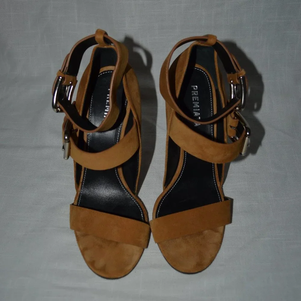 Sz 38 7.5 Premiata Brown Suede Ankle Strap Wedges 4.5